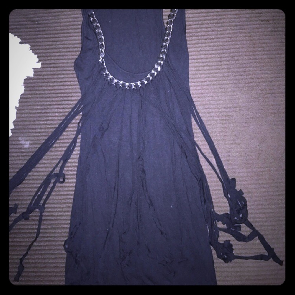 AFFLICTION black tank, chain and fringe detail.